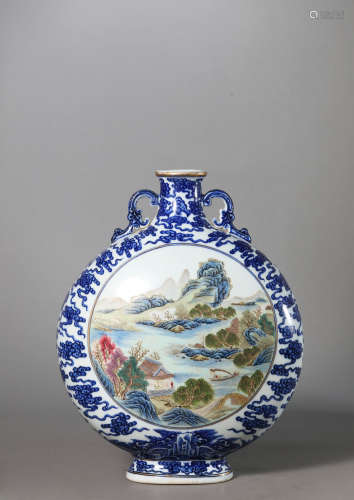 A Chinese Porcelain Blue and White Mountain and River Moonfl...
