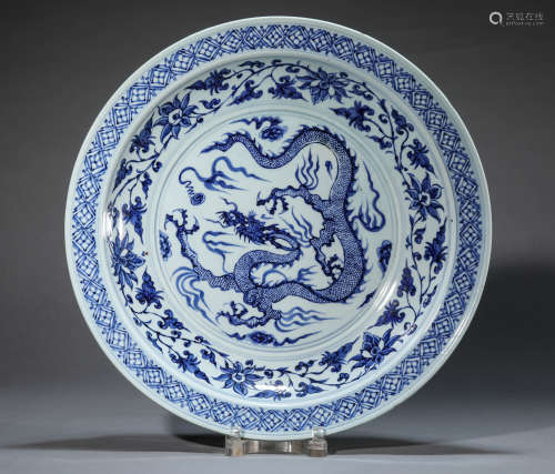 A Chinese Porcelain Blue and White Dragon Dish