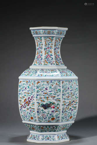 A Chinese Porcelain Doucai Octagonal Vase Marked Qian Long