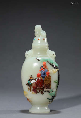 A Chinese Jade Gem Inlaid Luo Han Vase and Cover