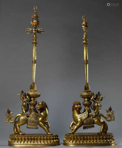 A Pair of Chinese Gilt-Bronze Buddhism Ornaments