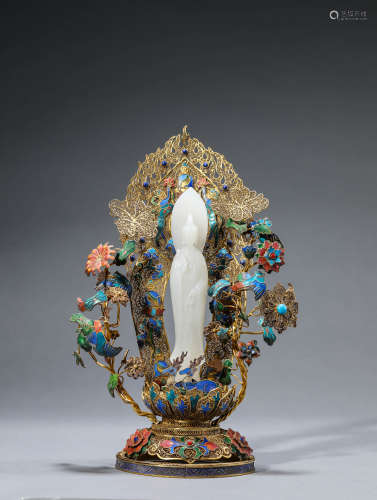 A Chinese Jade Guan Yin Statue and Cloisonne Enamel Stand