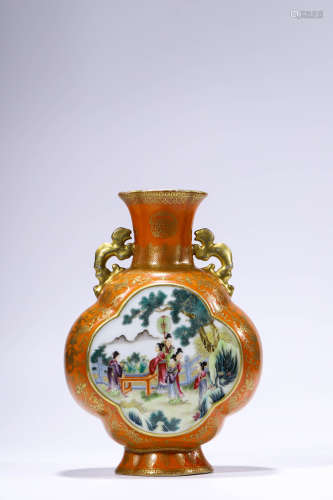 A Chinese Porcelain Coral Ground Gilt Inlaid Floral Vase Mar...