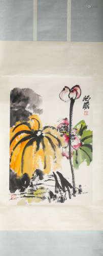 A Chinese Scroll Painting of Lotus by Zhu QI Zhan