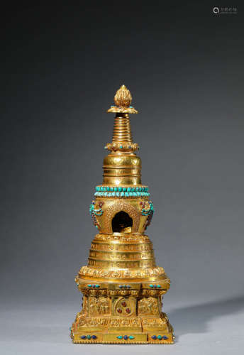 A Chinese Gilt-Bronze Gems
 Inlaid Buddha Shrine