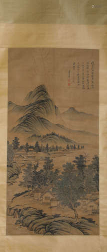 A Chinese Scroll Painting of Mountains and Rivers by Wang Yu...