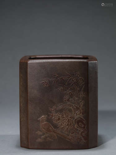 A Chinese Redware Poem and Bird Brush Pot