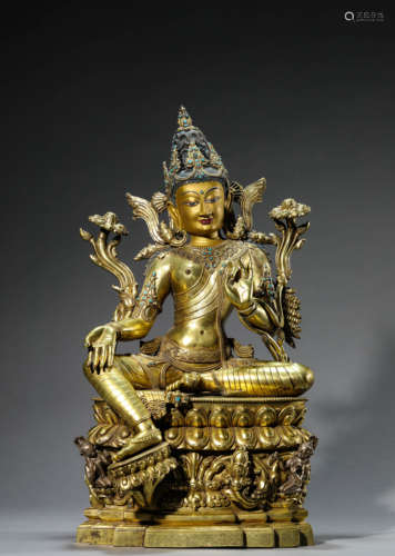 A Chinese Bronze Turquoise
 Inlaid Green Tara Statue