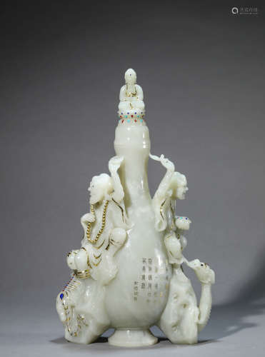 A Chinese Jade and Gilt-Inlaid Poem Vase