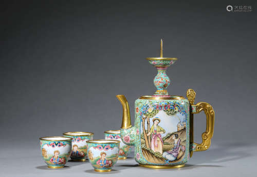 A Set of Chinese Enamel Painted Story 
Kettel and Cup Marked...
