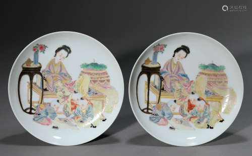 A Pair of Chinese Porcelain Famille Rose Story Dishes Marked...