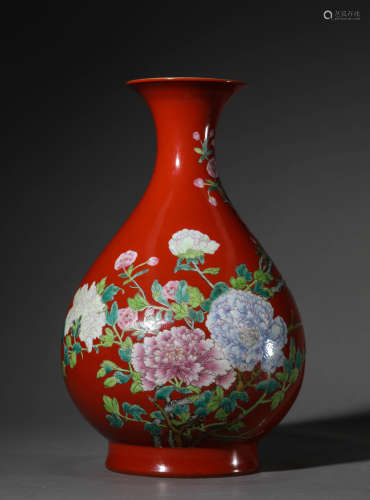 A Chinese Porcelain Coral Red Glazed Flower Vase Marked Yong...