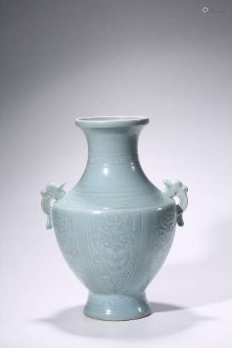 A Chinese Porcelain Blue-Glazed Taotie Mask Vase Marked Kang...