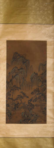 A Chinese Scroll Painting of Mountains and Rivers by Qiu Yin...