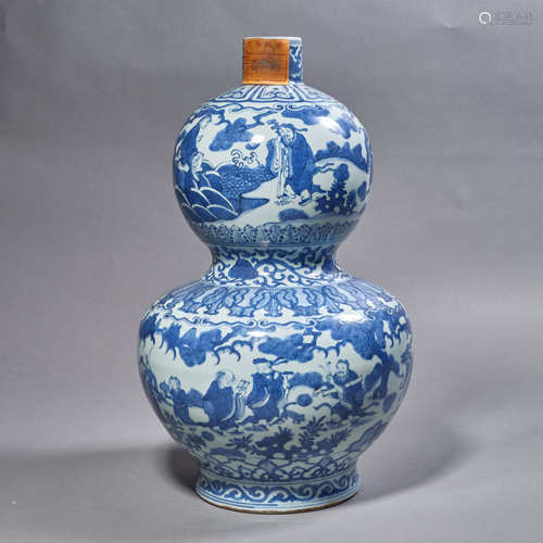 A Chinese Porcelain Blue and White Story
 Double-Gourd Vase