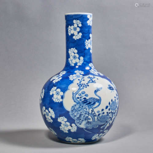 A Chinese Porcelain Blue and White
 Bird and Flower Vase