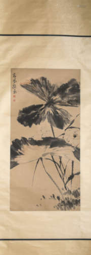 A Chinese Scroll Painting of Lotus by Gap Feng Han