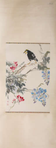 A Chinese Scroll Painting of Birds and Flowers by Wang Xue T...