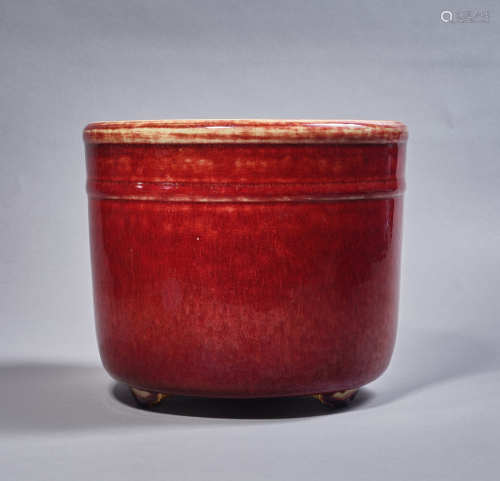 A Chinese Porcelain Red-Glazed Tripot Censer