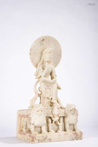Large Chinese Marble Figure of Guanyin with Buddhist Lions