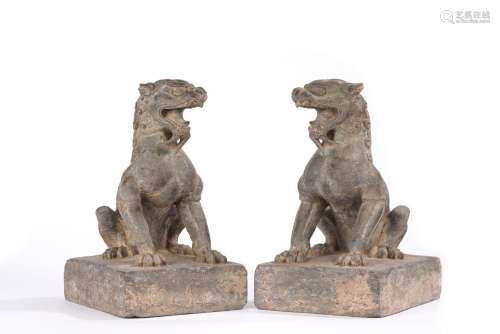Pair of Rare Stone Carved Chinese Seated Guardian Lions