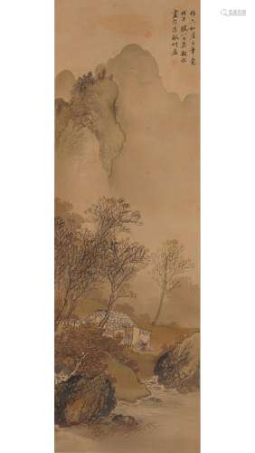 Chinese Antique Silk Landscape Hanging Scroll Painting