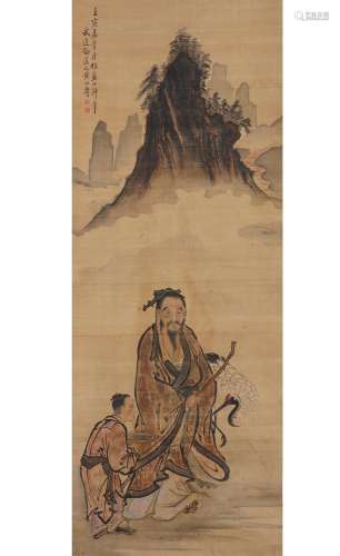 Chinese Antique Watercolor Taoist Immortal Painting
