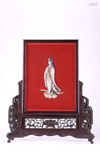 Chinese Cinnabar Lacquer Guanyin Inlaid Table Screen