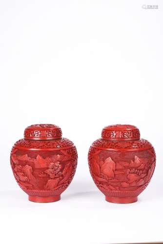 Pair of Chinese Cinnabar Lacquer Landscape Jars