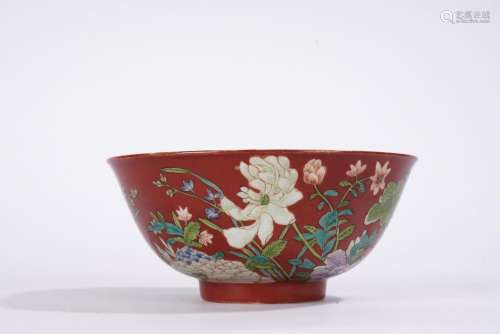Chinese Minguo Famille Rose Coral Red Ground Flowers Bowl