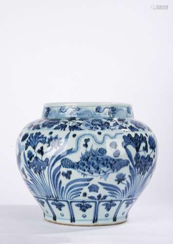 Large Chinese Blue and White Fish Pond Jar