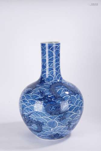 Chinese Reverse Decorated Blue and White Dragon Globular Vas...