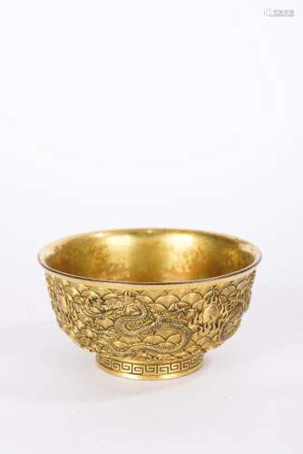 Chinese Gilt Bronze Cast Relief Dragon Bowl