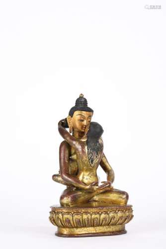 Sino Tibetan or Nepalese Parcel Gilt Copper Deities in Yab Y...