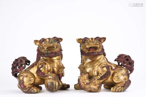 Pair of Chinese Gilt Bronze Foo Dogs