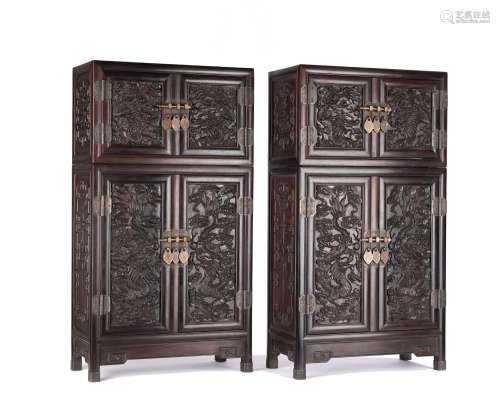Pair of Chinese Zitan 'Dragon' Compound Cabinets