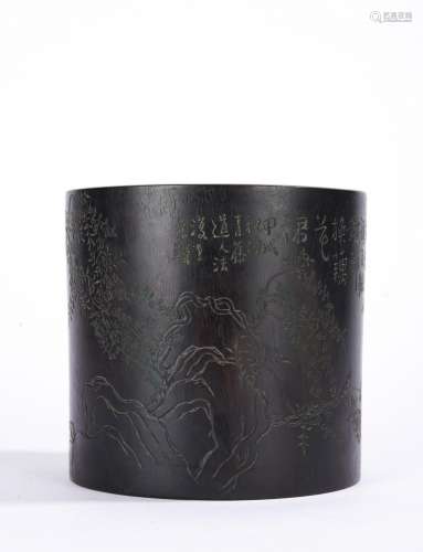 Chinese Zitan Inscribed and Carved Brush Pot