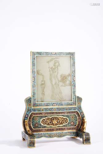 Chinese White Jade and Cloisonne Enamel Table Screen