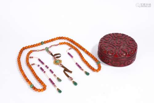 Chinese Amber Bead Court Necklace & Cinnabar Lacquer Box