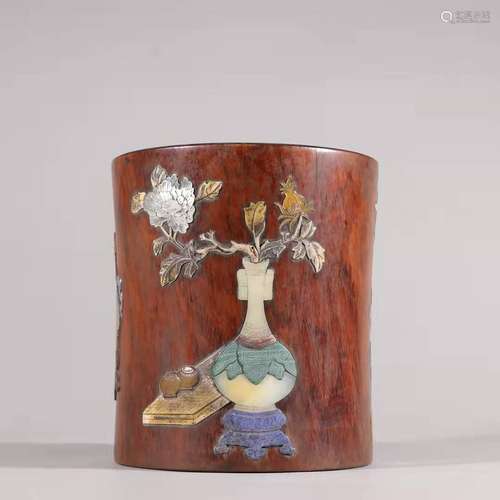 Huanghuali Wooden Study Room Brush Pot With Treasure, China