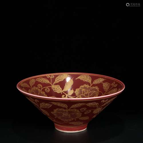 Red Glaze Porcelain Gold Painted Bowl, China