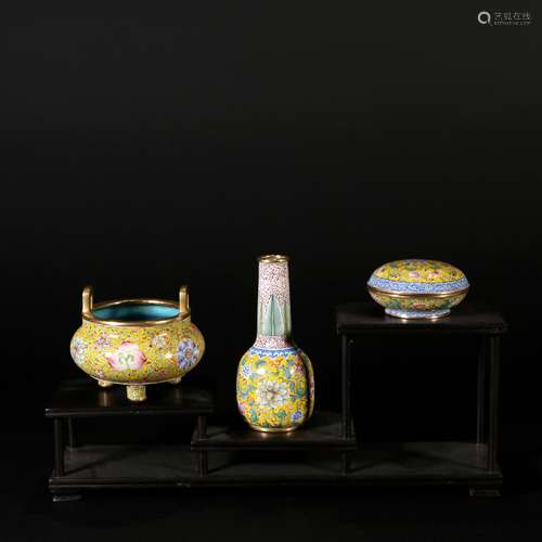 Set Of Three Bronze Enamel Painting Box, Bottle And Furnace,...