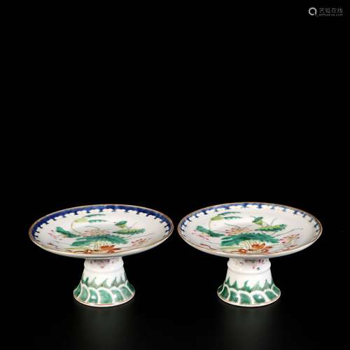 Pair Of Famille Rose Porcelain Stem Dishs, China