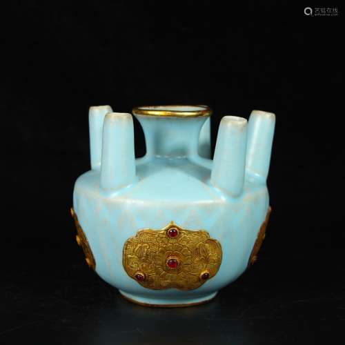 Gold Covered Hardstone Inlaid Vase