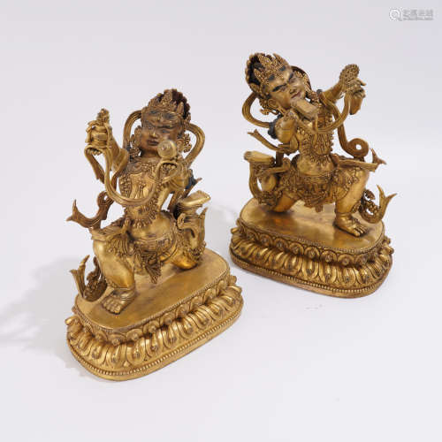 A Pair of Gilt-Bronze Figures of Guardian