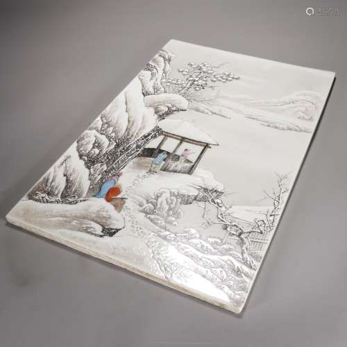 粉彩雪景人物瓷板