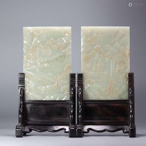 A Pair of Jade Landscape Table Screens