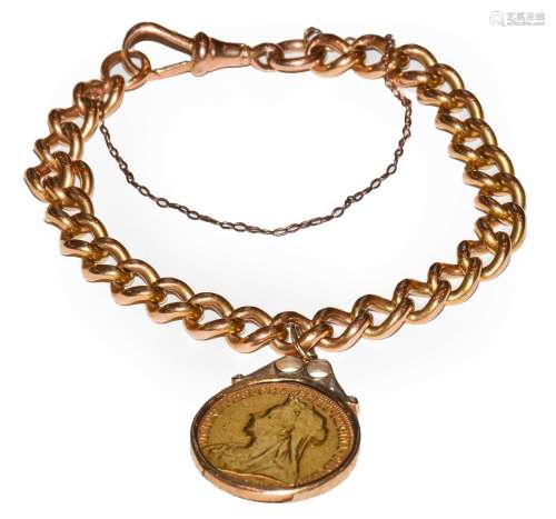 A curb link bracelet, each link stamped 18, hung with a sove...