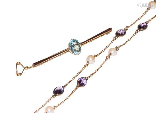 A 9 carat gold amethyst and cultured pearl necklace, length ...