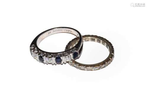 A sapphire and diamond half hoop ring, stamped 18CT, finger ...